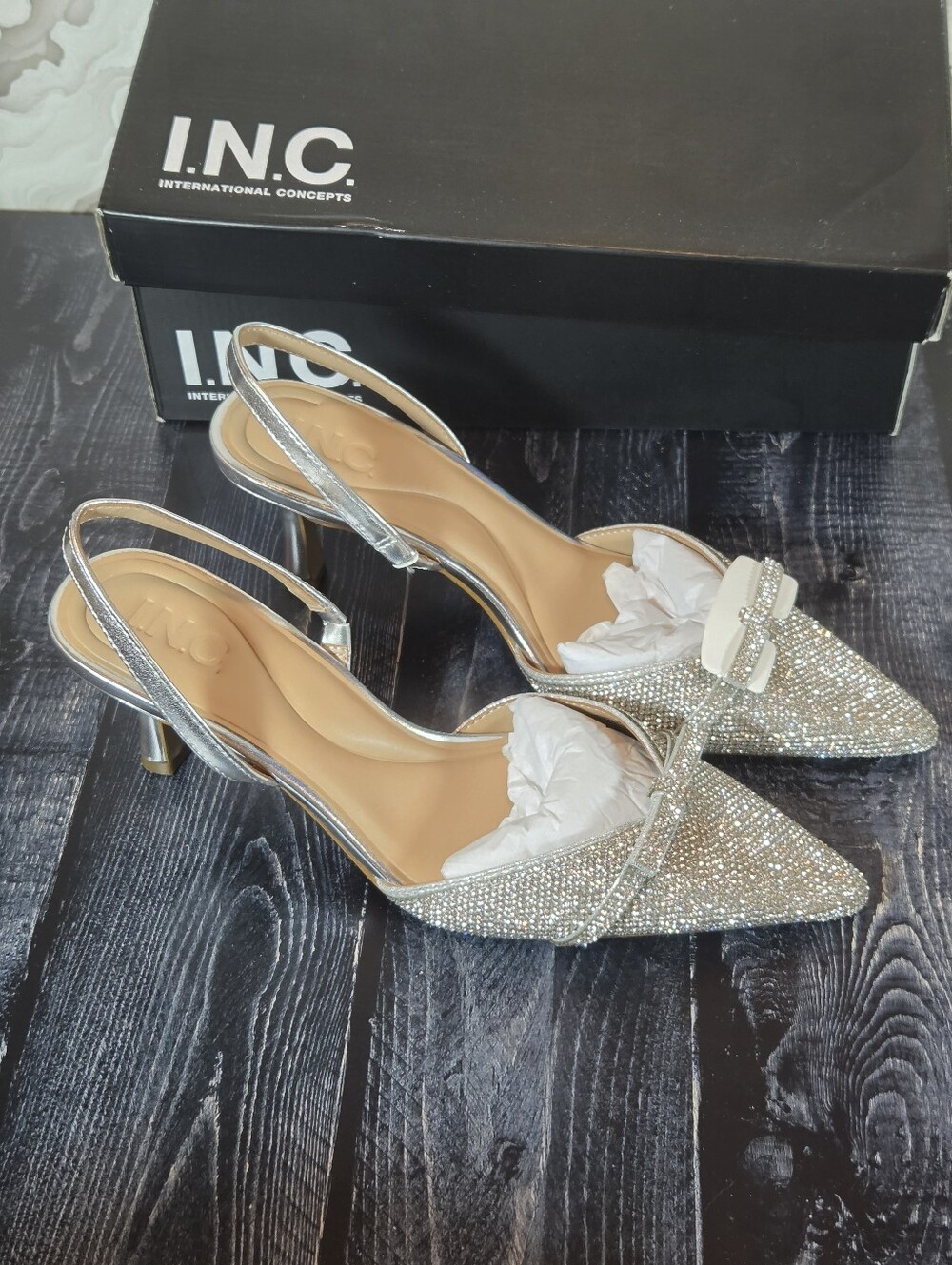 INC Gelsey 3 Silver Crystal Rhinestone Bow Slingback Heels Size 7. 5 M NIB